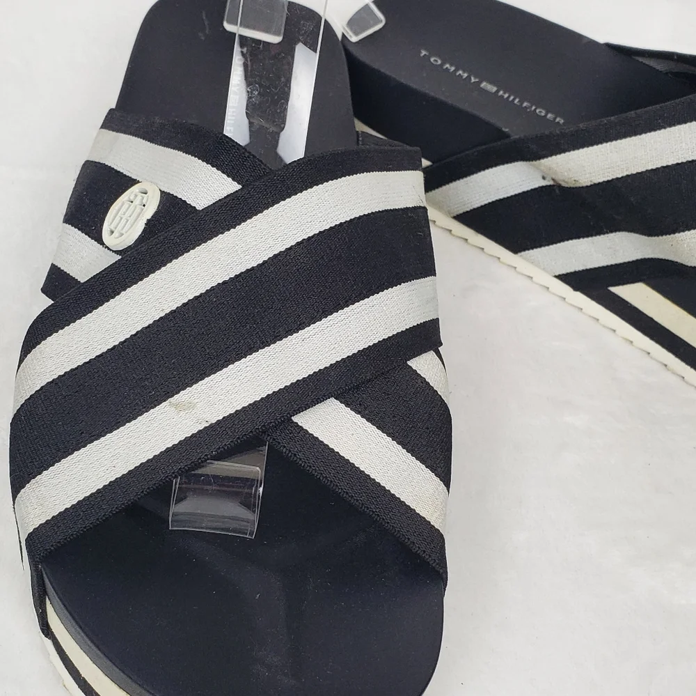 Tommy Hilfiger Black and White Striped Sandals 7.5